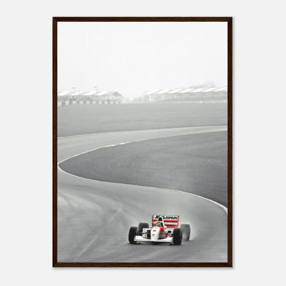 Ayrton Senna driving McLaren MP4/4 in 1988, black and white framed print capturing racing history.