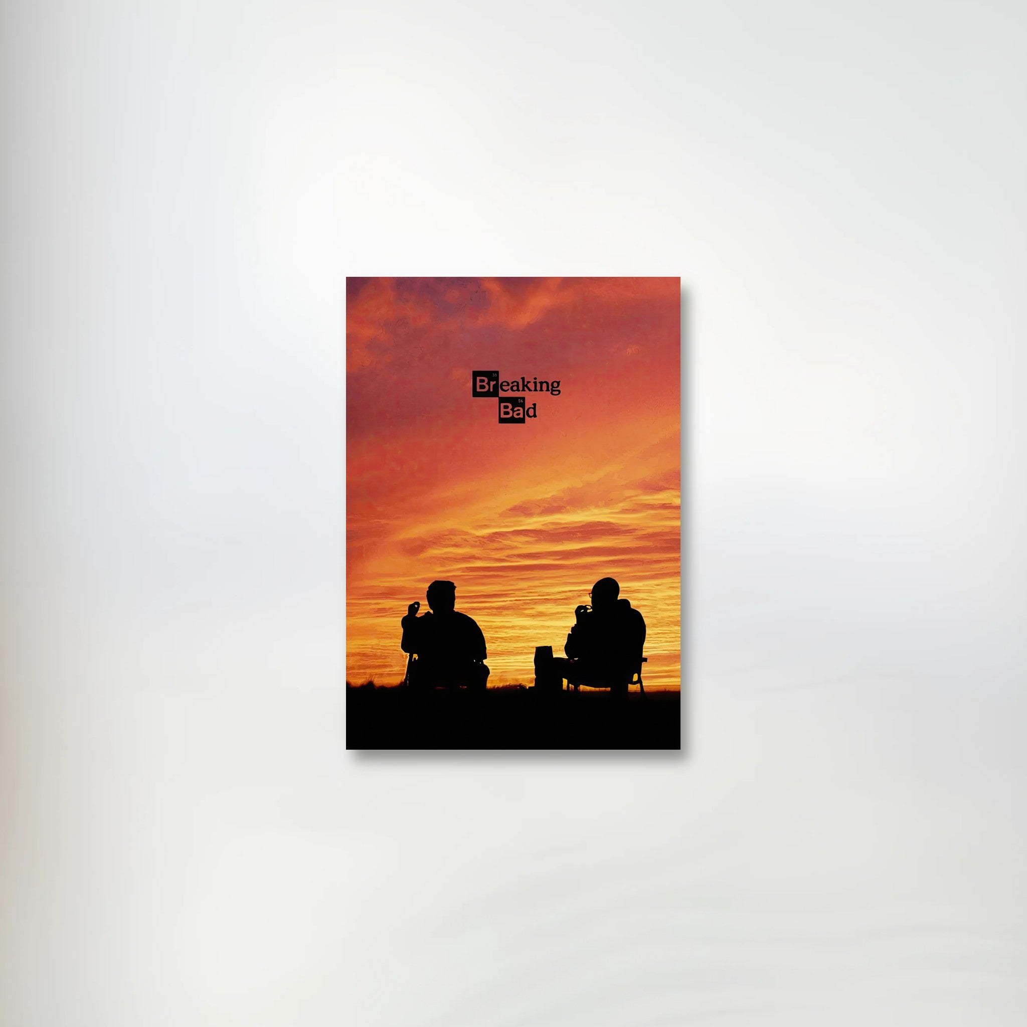 Breaking Bad poster featuring silhouettes against a vibrant sunset, showcasing iconic characters from the series.