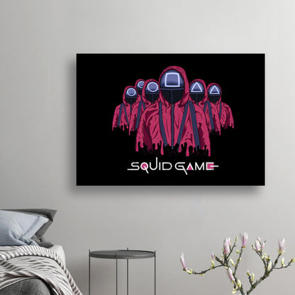 Squid Game Soldiers poster featuring masked figures in red uniforms, a striking wall art piece for fans of the series.