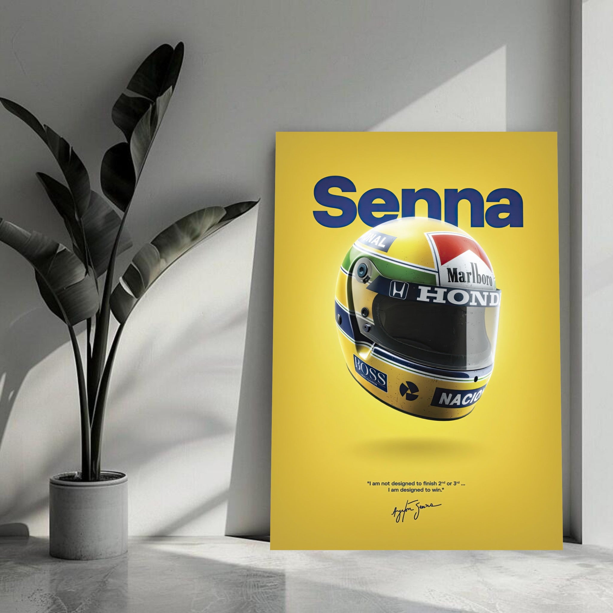 Ayrton Senna helmet metal poster featuring vibrant colors and signature, celebrating the legacy of the F1 legend.