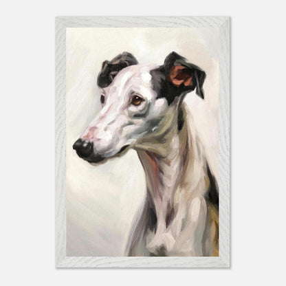 Fine art painting of a Greyhound dog, showcasing elegant features and soft brushstrokes.