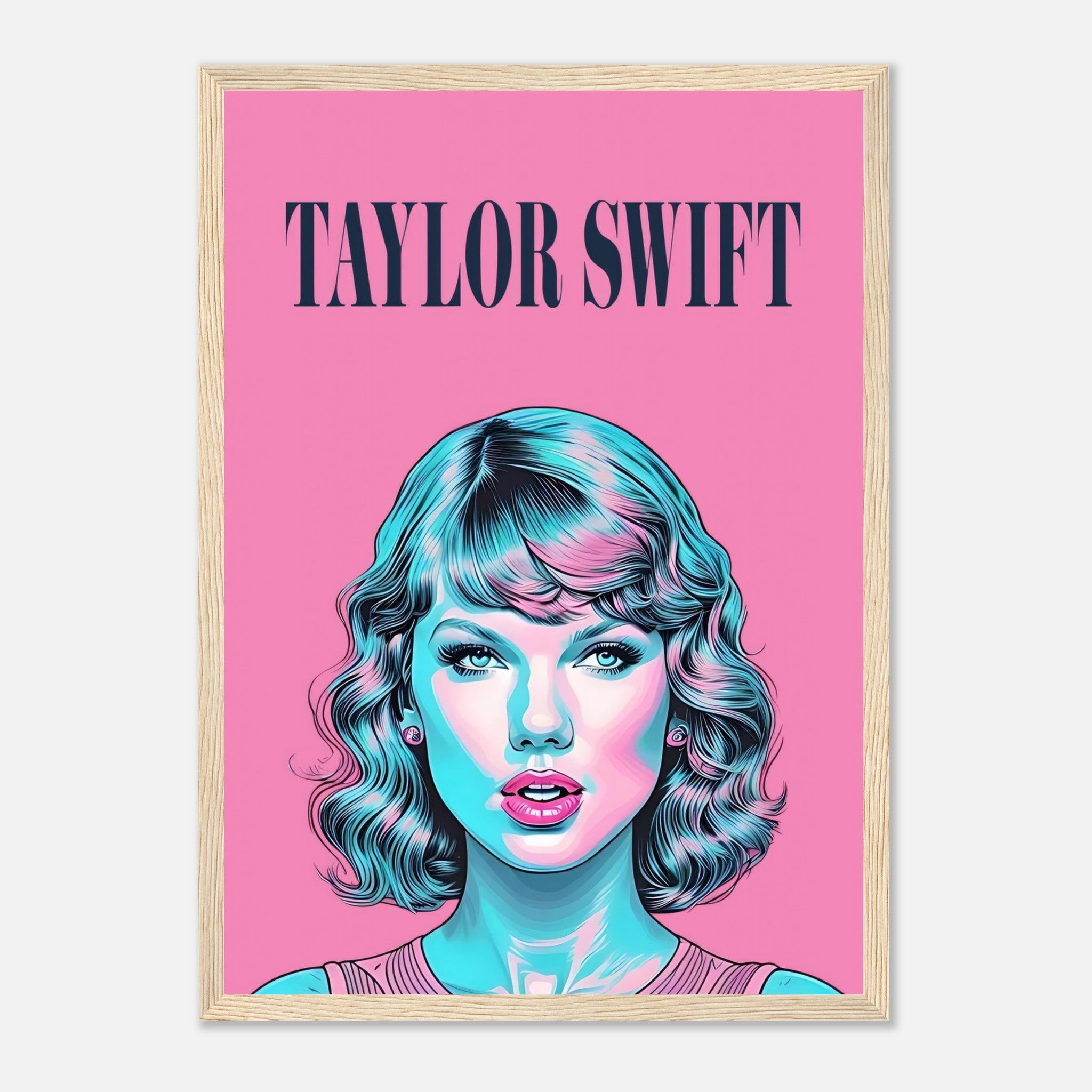 Vibrant Taylor Swift pop art framed poster with pink background and turquoise highlights, perfect for fans and art lovers.