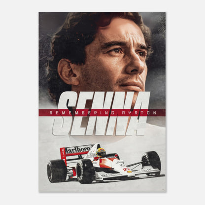 Ayrton Senna poster featuring his iconic image and racing car, celebrating the legacy of a Formula 1 legend.