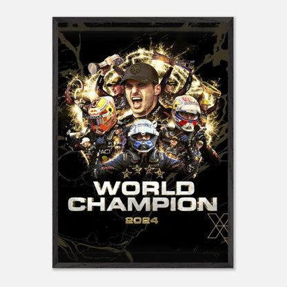 Max Verstappen 2024 F1 World Champion fine art print featuring triumphant racing moments and vibrant designs.