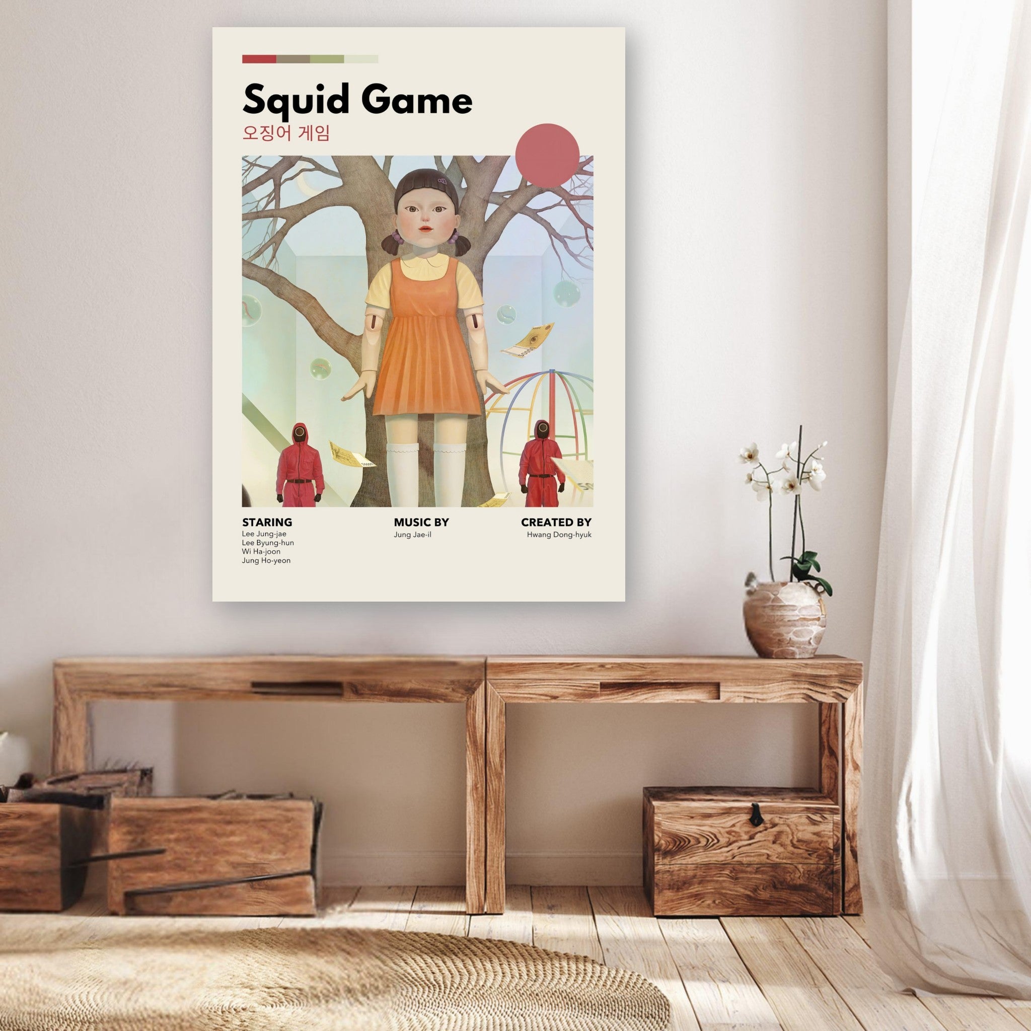 Vintage Squid Game metal poster featuring iconic doll, displayed in a cozy interior setting.