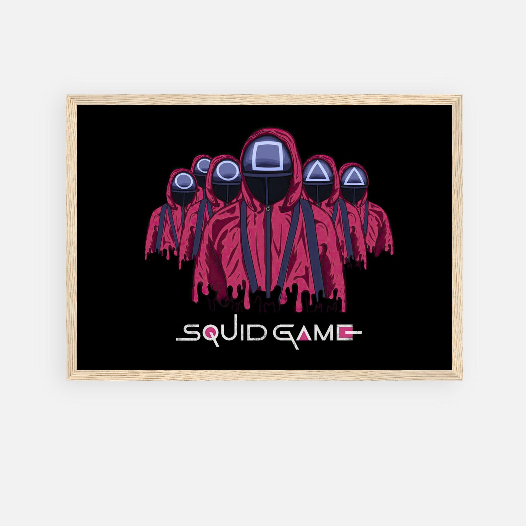 Squid Game Soldiers framed poster featuring iconic pink guards with geometric masks, perfect for bold room decor.