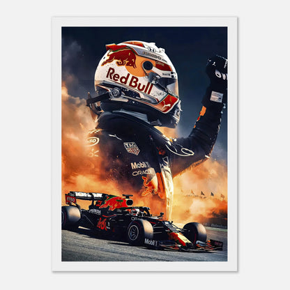 Max Verstappen Red Bull framed print featuring a dynamic image of the driver celebrating with bold colors and a sleek design.