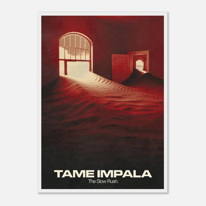 Framed print of Tame Impala's album The Slow Rush featuring surreal imagery in warm red tones.