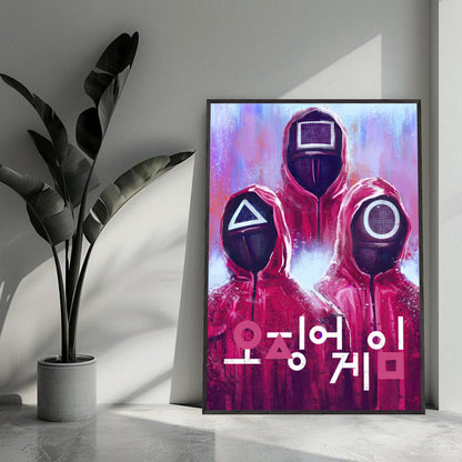 Squid Game fine art print featuring masked guards in red uniforms with geometric shapes on a vibrant background.