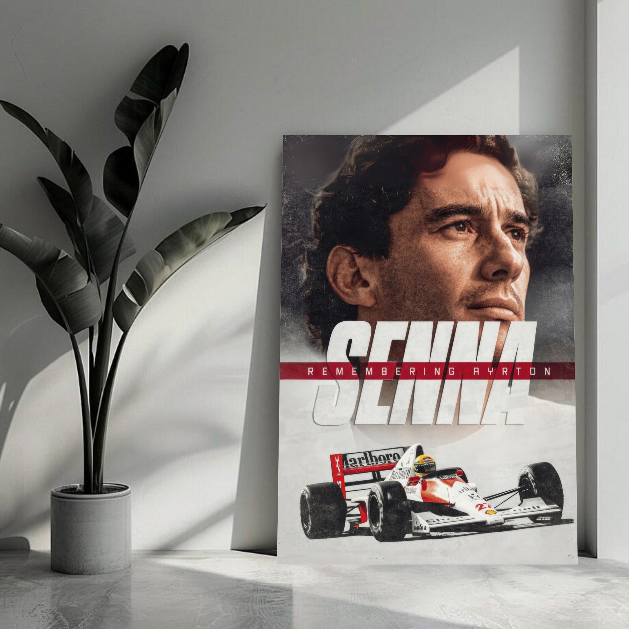 Ayrton Senna metal print artwork featuring his portrait and racing car in a modern decor setting.