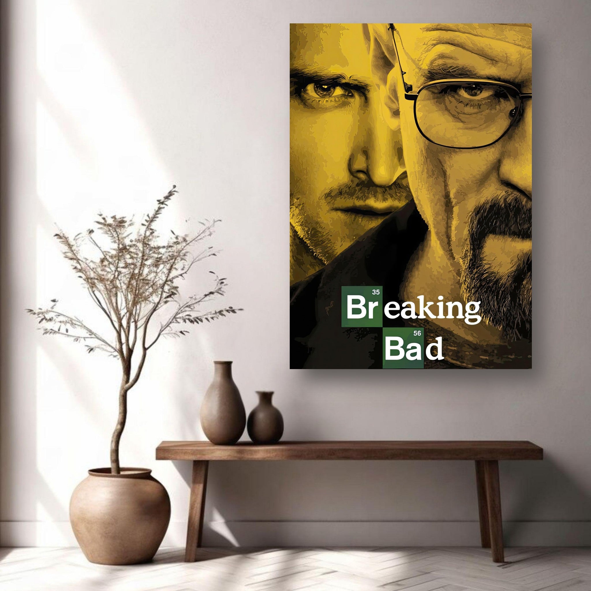 Breaking Bad official metal print featuring Walter White and Jesse Pinkman in a bold design, perfect for fans of the series.