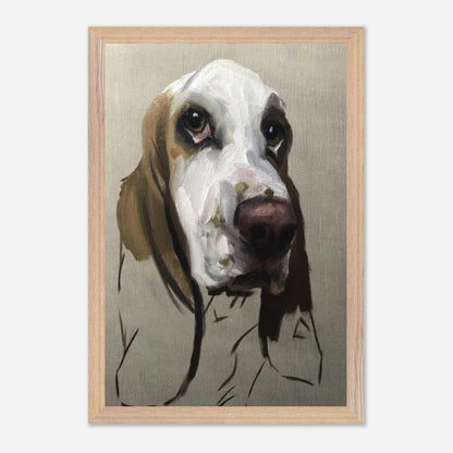 Basset Hound dog painting with soulful expression, fine art print in wooden frame for dog lovers.