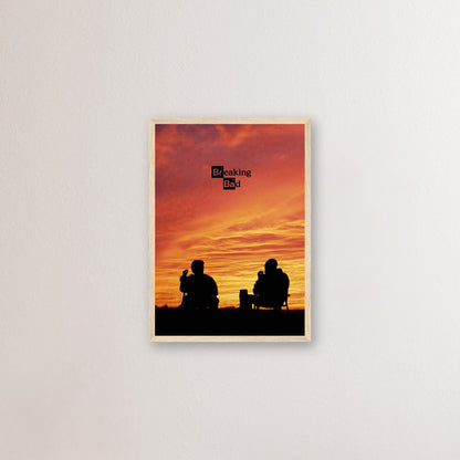 Breaking Bad framed poster featuring Walter White and Jesse Pinkman silhouetted against a vibrant sunset.