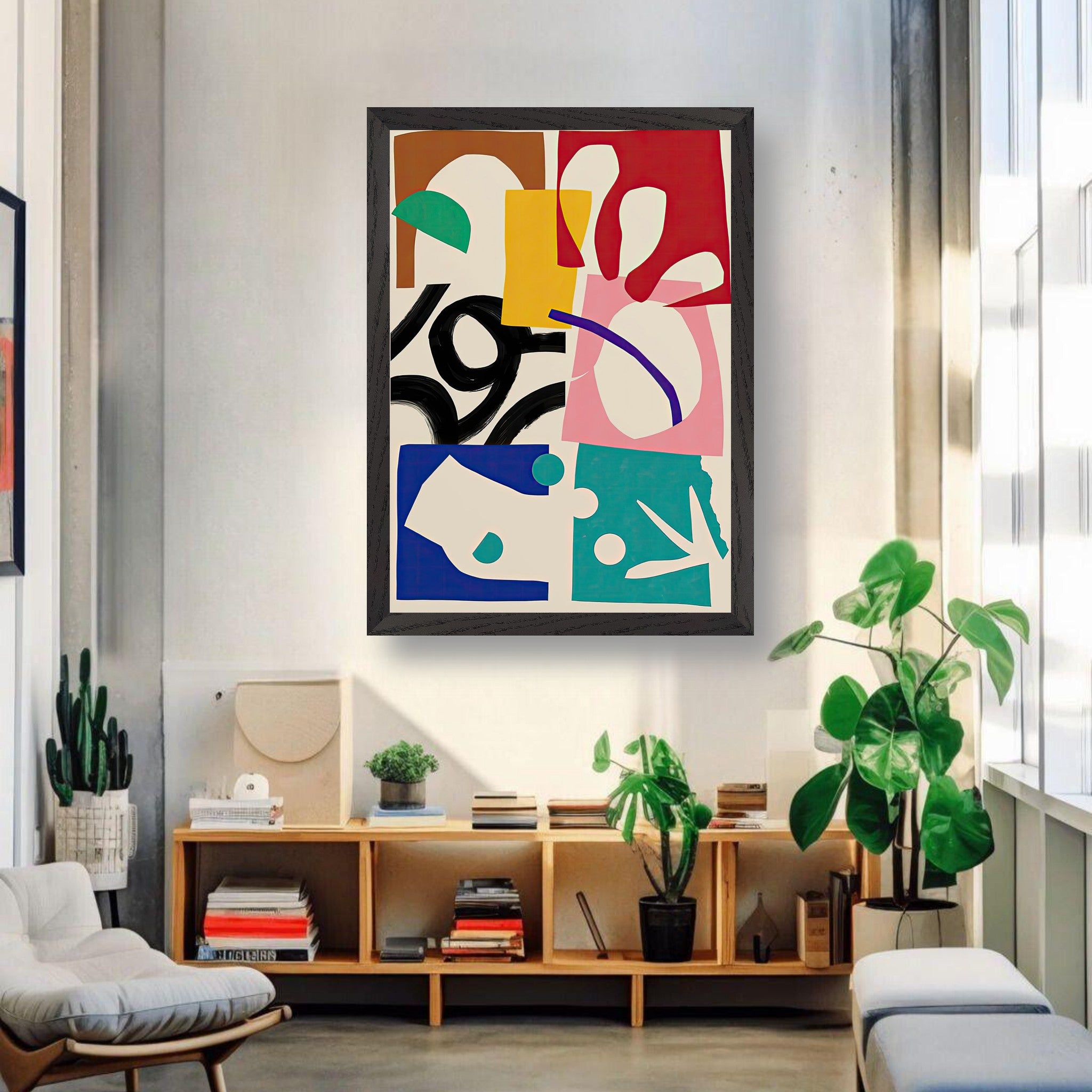 Abstract Harmony vintage framed print in a modern living room, featuring bold colors and geometric shapes.