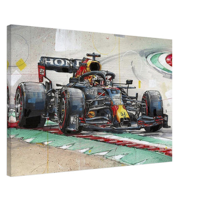 Max Verstappen painting canvas featuring a dynamic Formula 1 race scene with vibrant colors and intricate details.