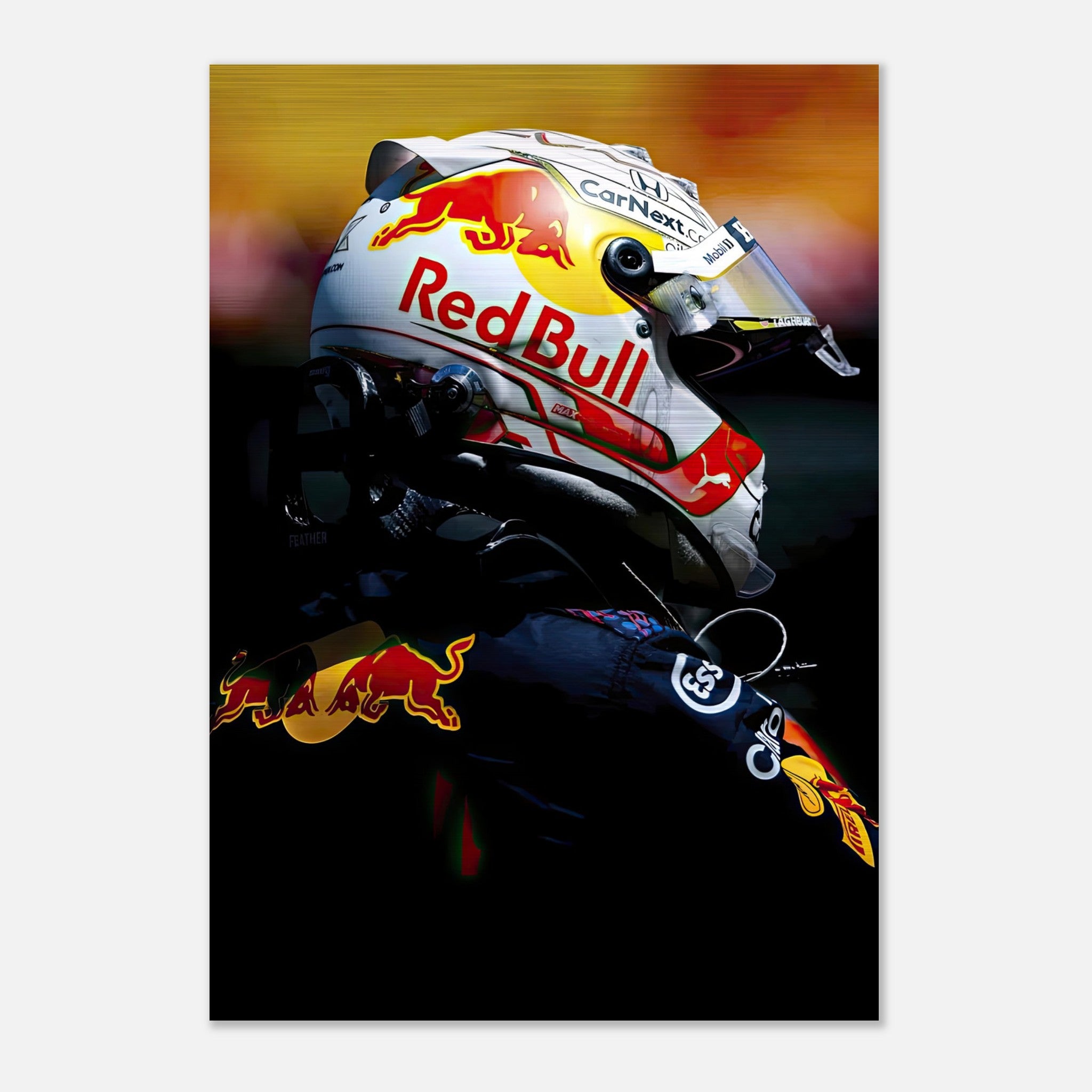 Max Verstappen in Red Bull Racing helmet, brushed metal print showcasing dynamic design and vibrant colors.