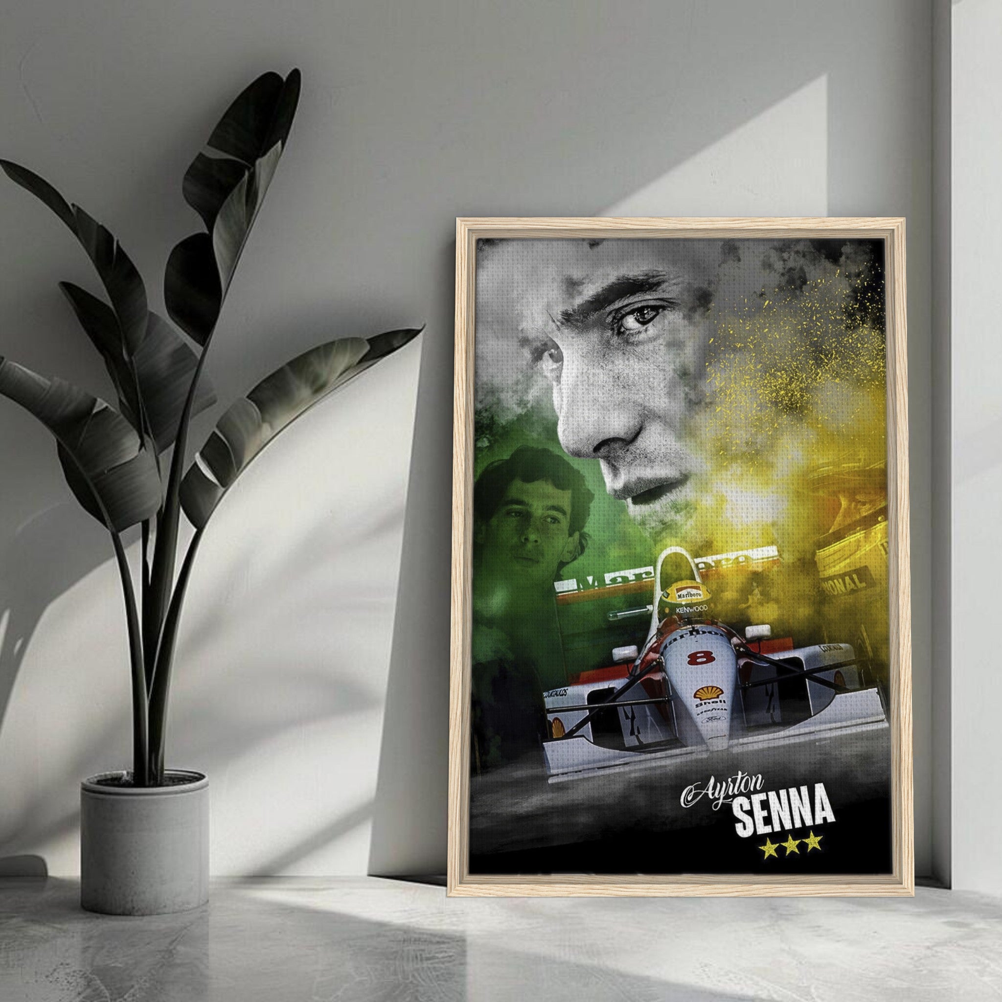 Ayrton Senna framed canvas print showcasing a dramatic portrait and race car in a modern setting.