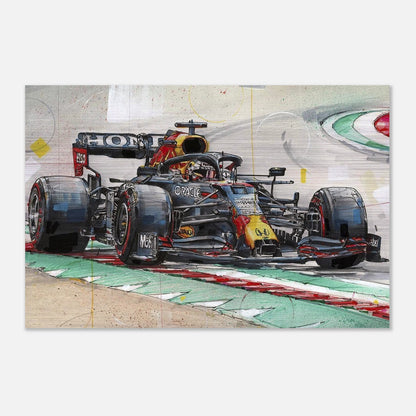 Max Verstappen Brushed Metal artwork showcasing a dynamic Formula 1 racing scene on aluminum panel.