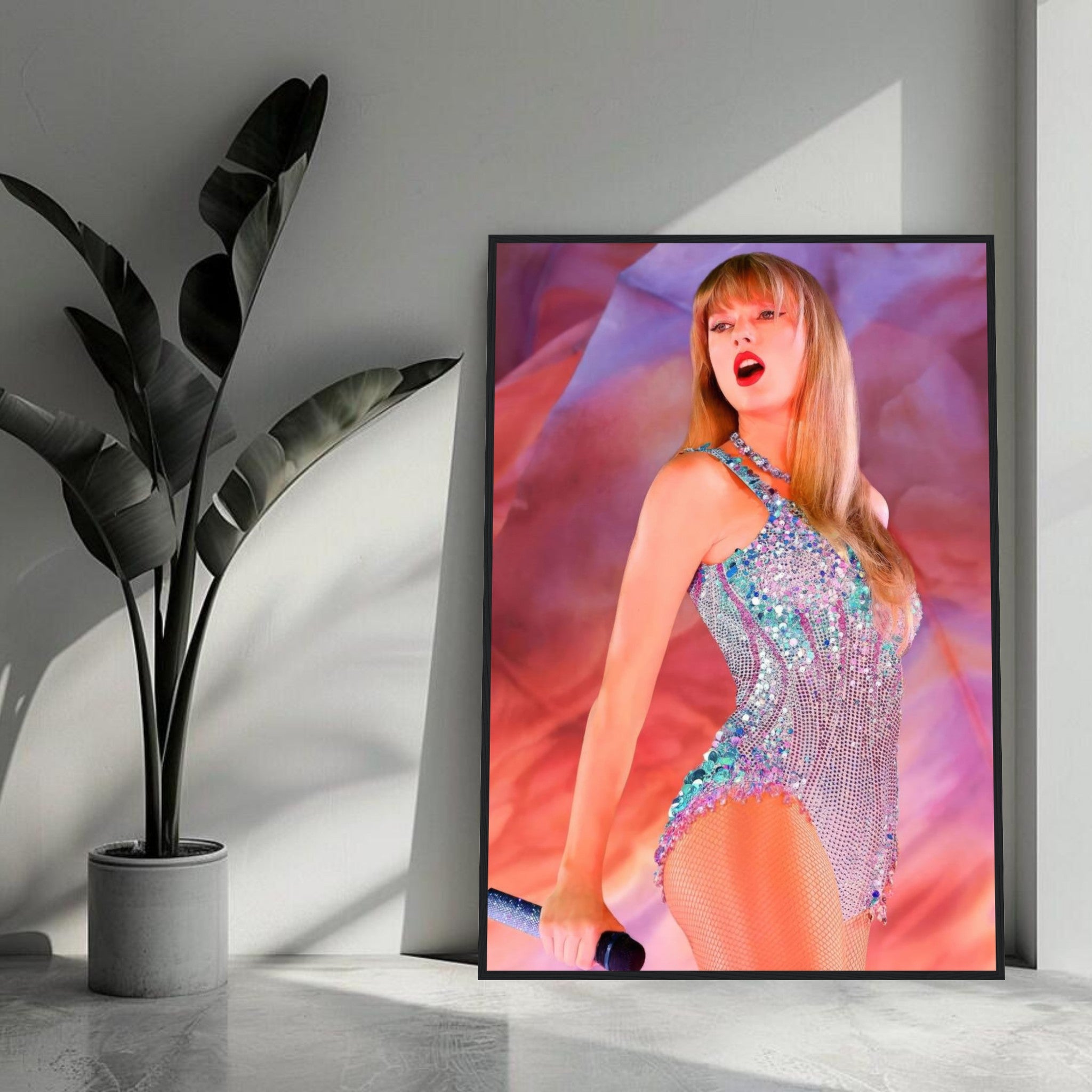 Taylor Swift The Eras Tour framed print showcasing her vibrant performance in a dazzling outfit, perfect for elevating your space.