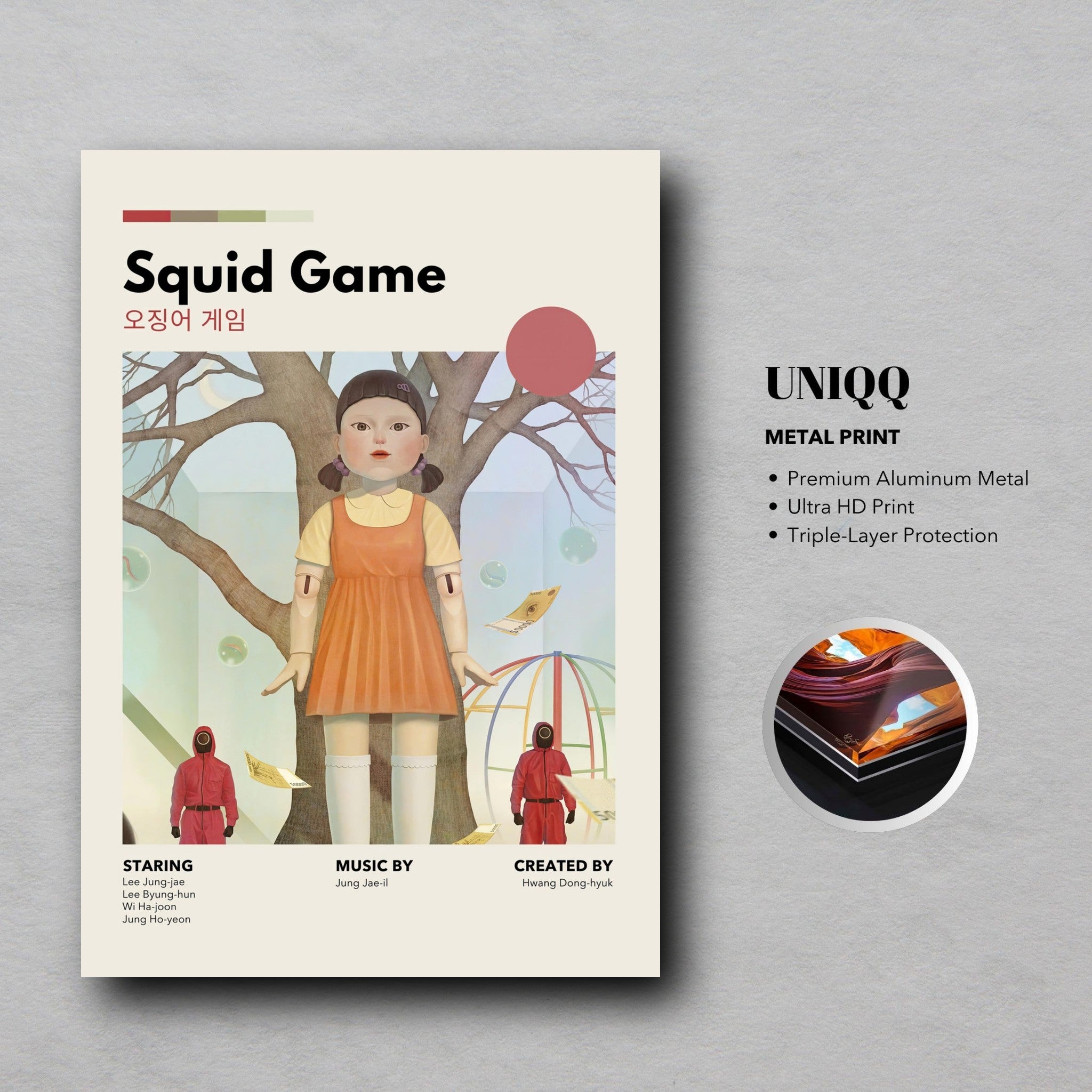 Vintage Squid Game metal poster featuring iconic doll design and retro aesthetic for gaming enthusiasts.