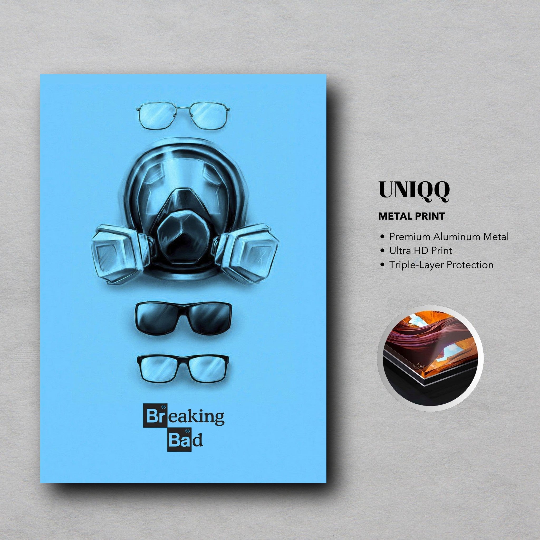 Minimalist Breaking Bad metal poster featuring gas mask and eyewear on vibrant blue background. Premium aluminum art print.