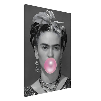 Frida Kahlo Bubble Gum Canvas featuring a grayscale portrait with vibrant pink bubble gum, blending art and modern playfulness.