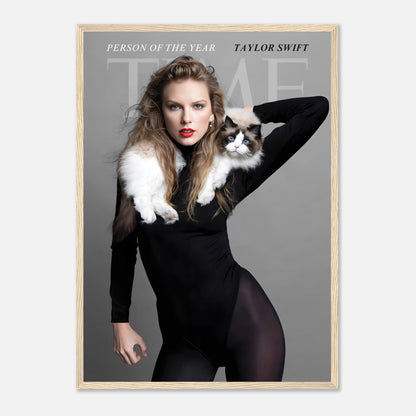 Taylor Swift Time Magazine framed print featuring her portrait with a cat, celebrating her as Person of the Year.