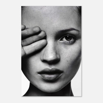 Kate Moss black and white metal print featuring a close-up of her face with a hand covering one eye.