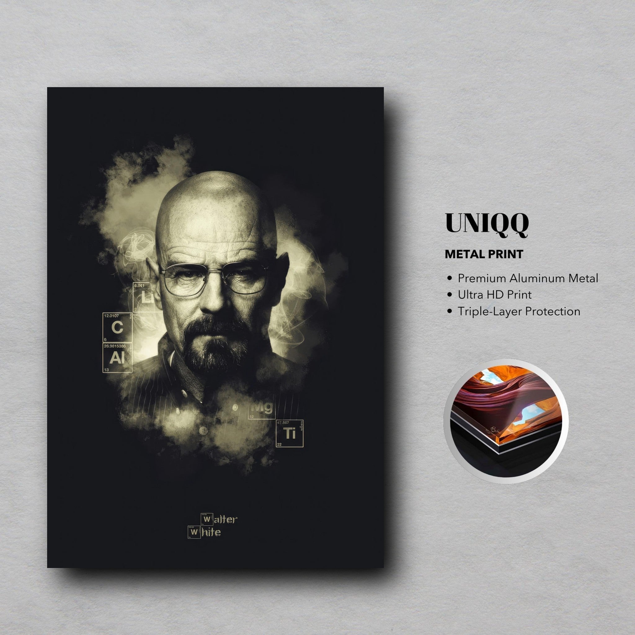 Walter White Heisenberg metal poster with bold design and chemical elements, ideal for Breaking Bad fans.