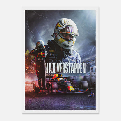 Max Verstappen Red Bull Racing framed print featuring vivid colors and dynamic F1 action. Perfect for motorsport enthusiasts.