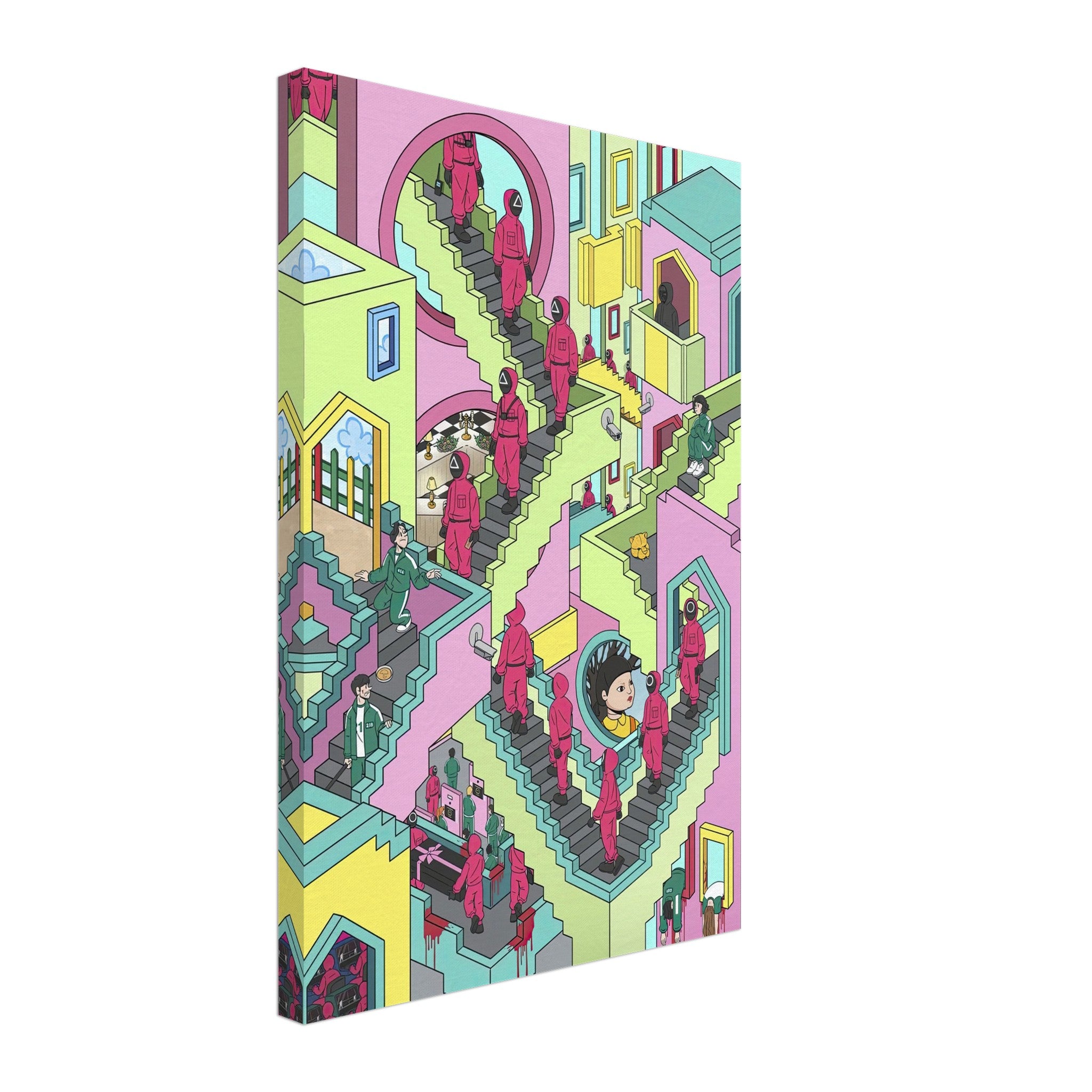 Squid Game Stairs canvas artwork featuring surreal staircase design with vivid colors and intricate details.