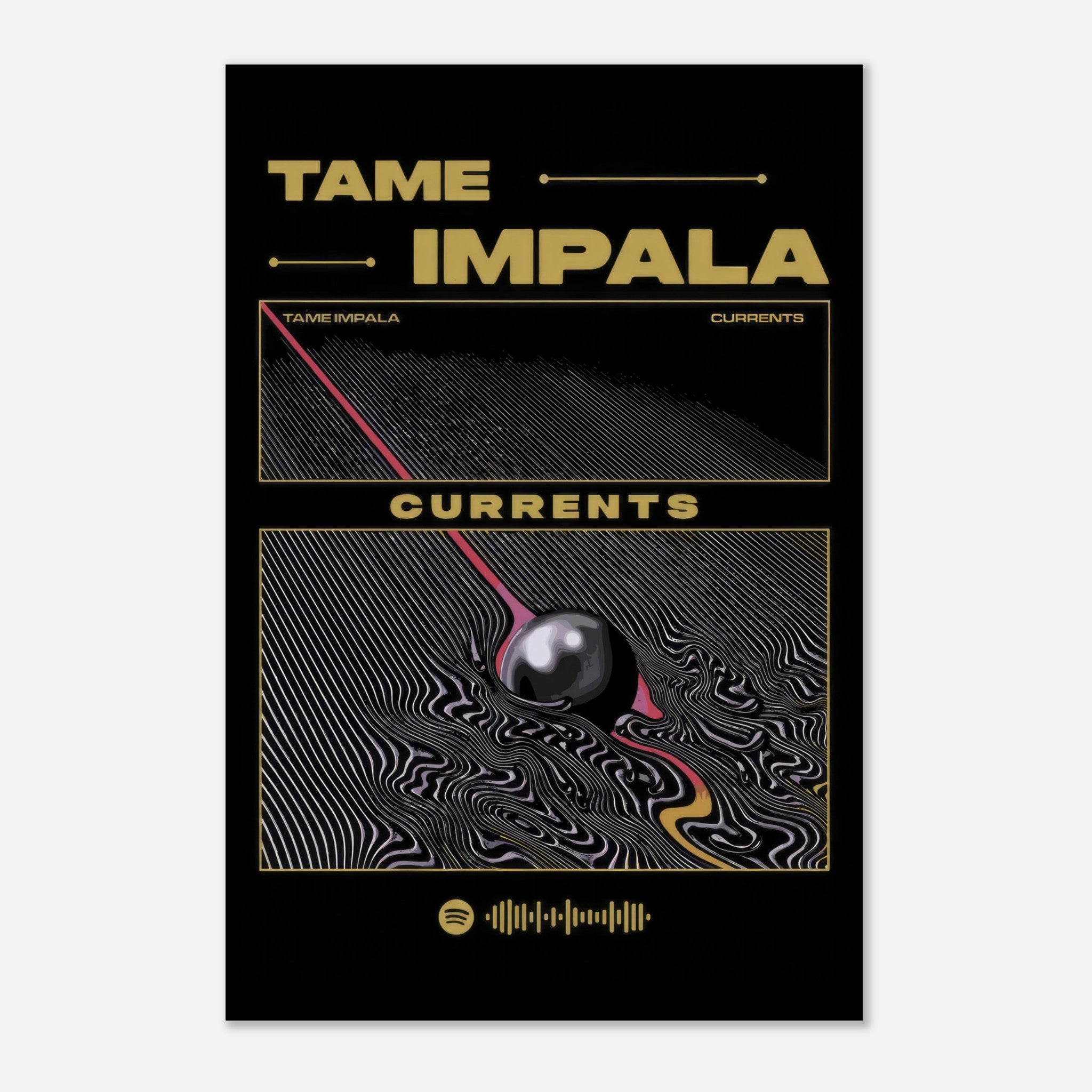 Tame Impala Currents metal poster featuring psychedelic artwork and bold colors on a sleek black background.