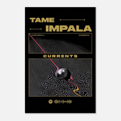 Tame Impala Currents metal poster featuring psychedelic artwork and bold colors on a sleek black background.