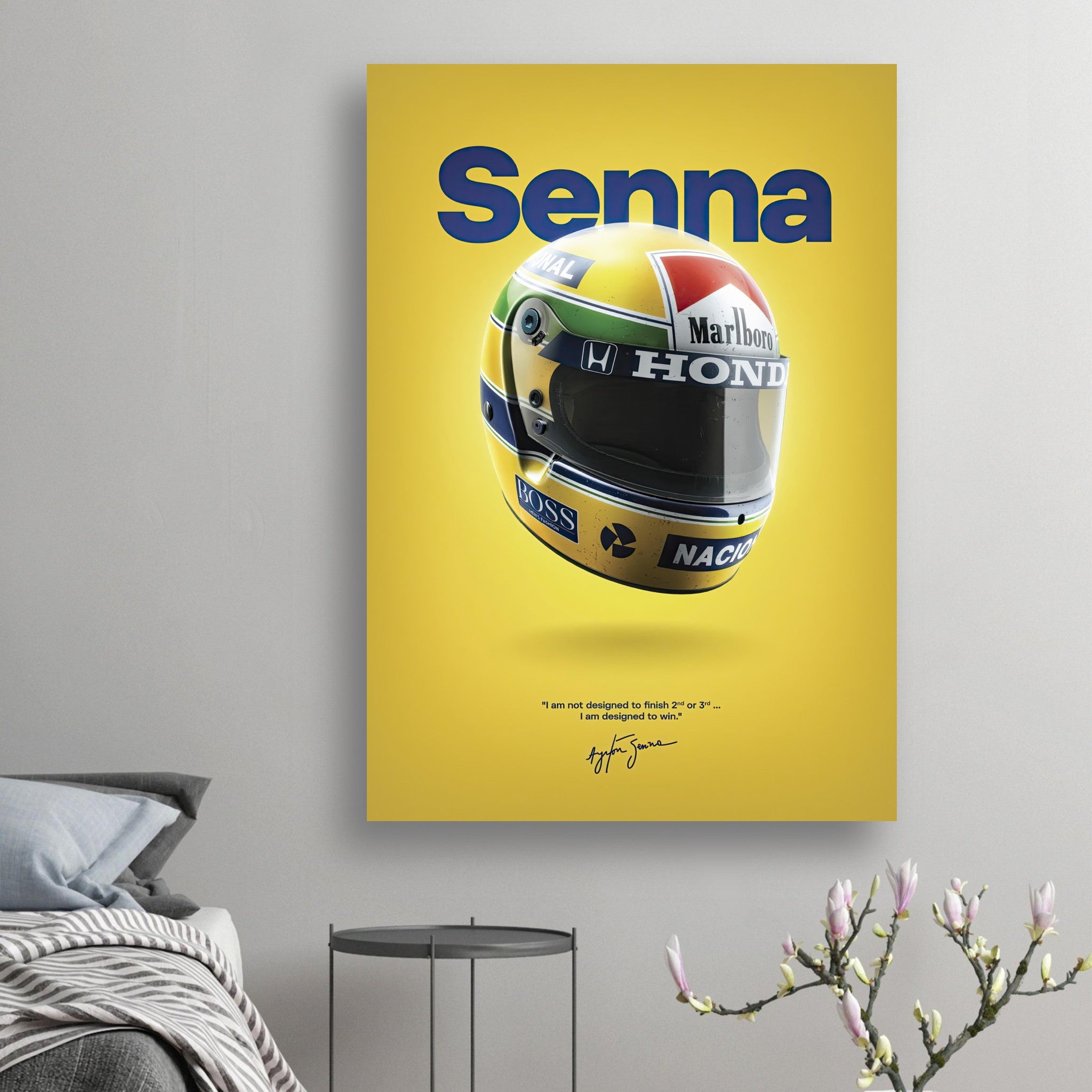 Ayrton Senna helmet poster with a bold yellow background, featuring Honda and Marlboro branding, perfect for racing fans.