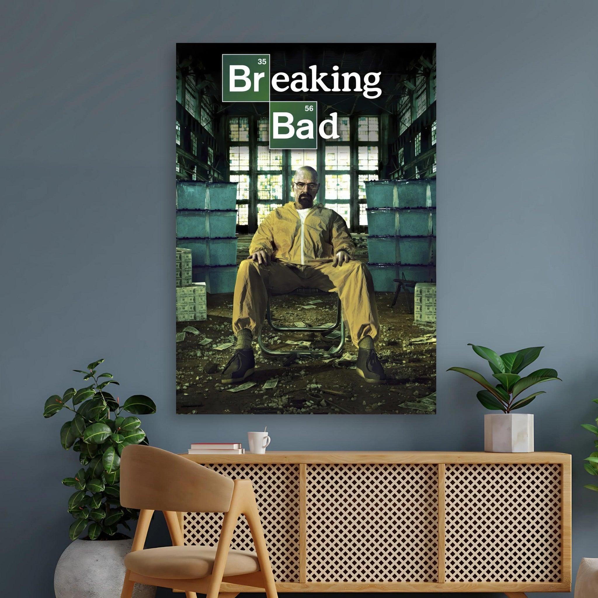 Walter White poster from Breaking Bad, featuring the character in a yellow hazmat suit against a dark warehouse backdrop.