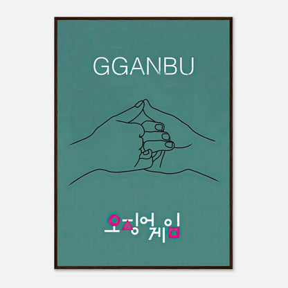 GGANBU Squid Game framed print showcasing a minimalist design of two hands in a handshake on a teal background.