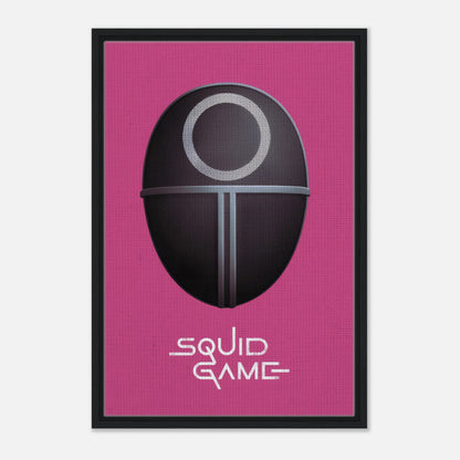 Squid Game Guard Mask Framed Canvas Print on a vibrant magenta backdrop, showcasing iconic design for fans of the series.