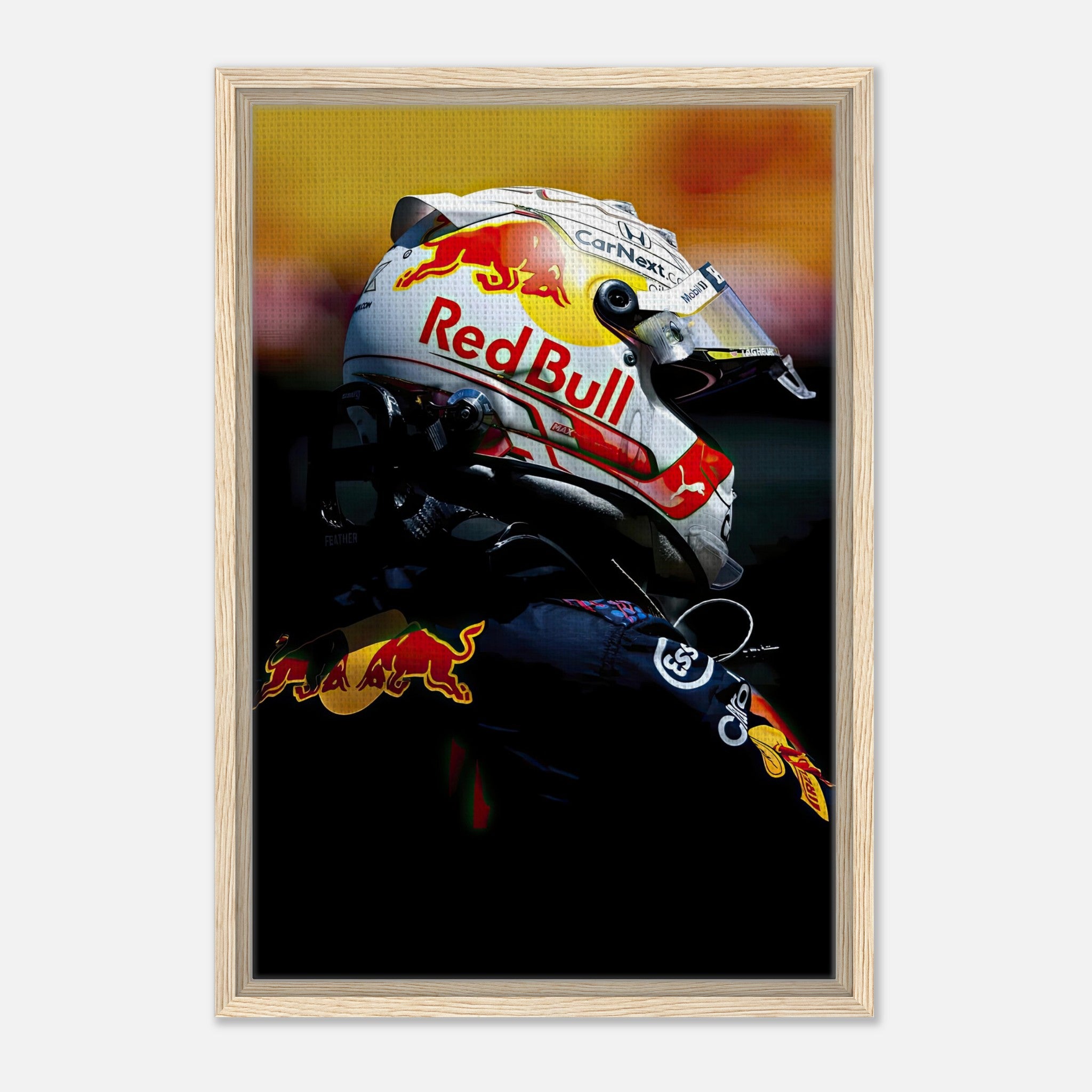 Framed canvas print of Max Verstappen in Red Bull racing gear, showcasing high-resolution detail and vibrant colors.