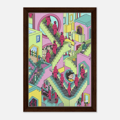 Squid Game Stairs Framed Canvas Print featuring vibrant colors and intricate designs of players and guards navigating a surreal staircase.