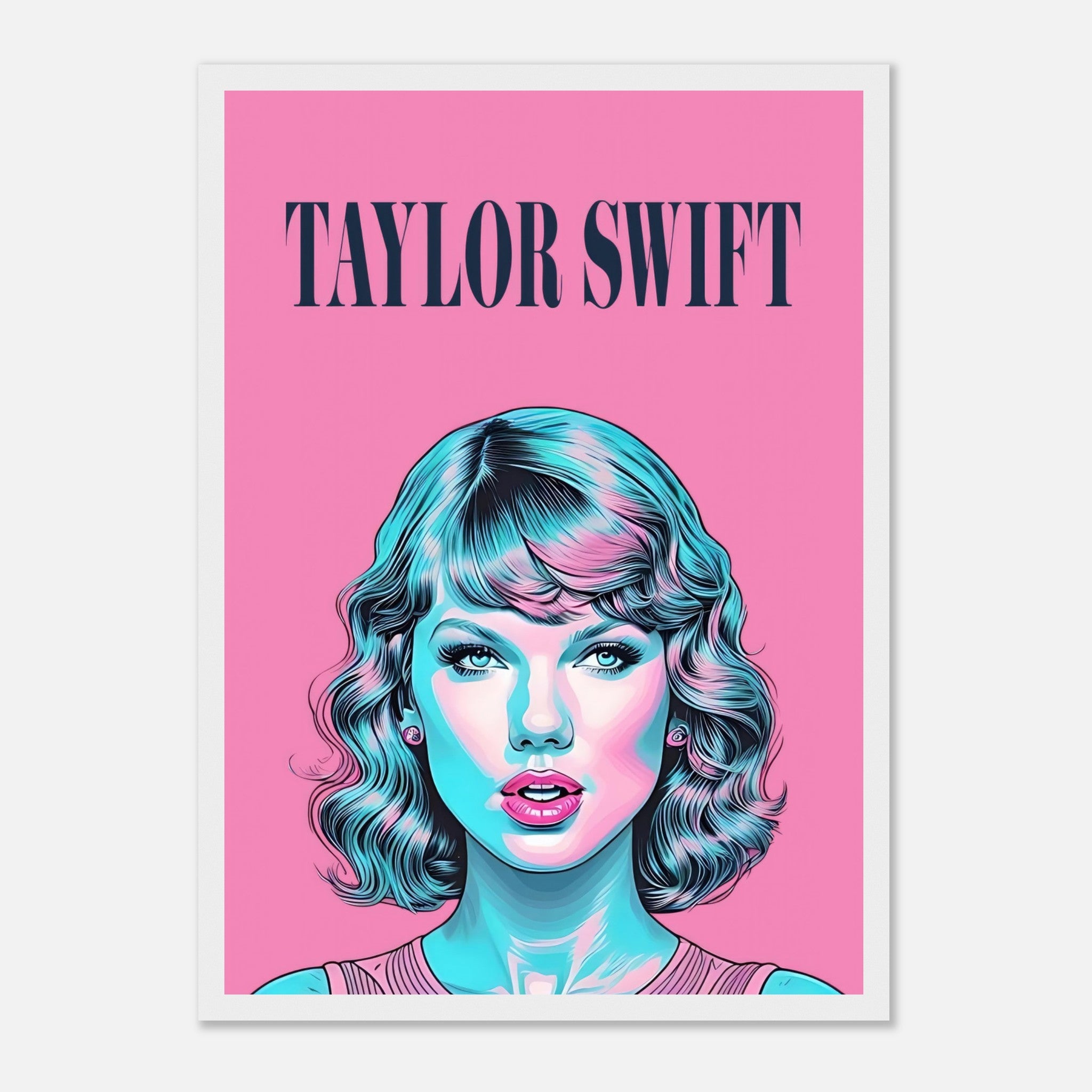 Taylor Swift pop art framed poster with vibrant pink background and striking turquoise highlights. Perfect for music fans.