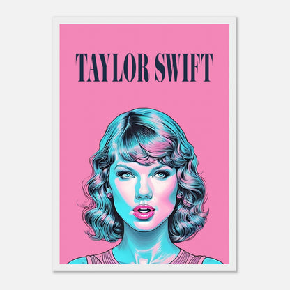 Taylor Swift pop art framed poster with vibrant pink background and striking turquoise highlights. Perfect for music fans.