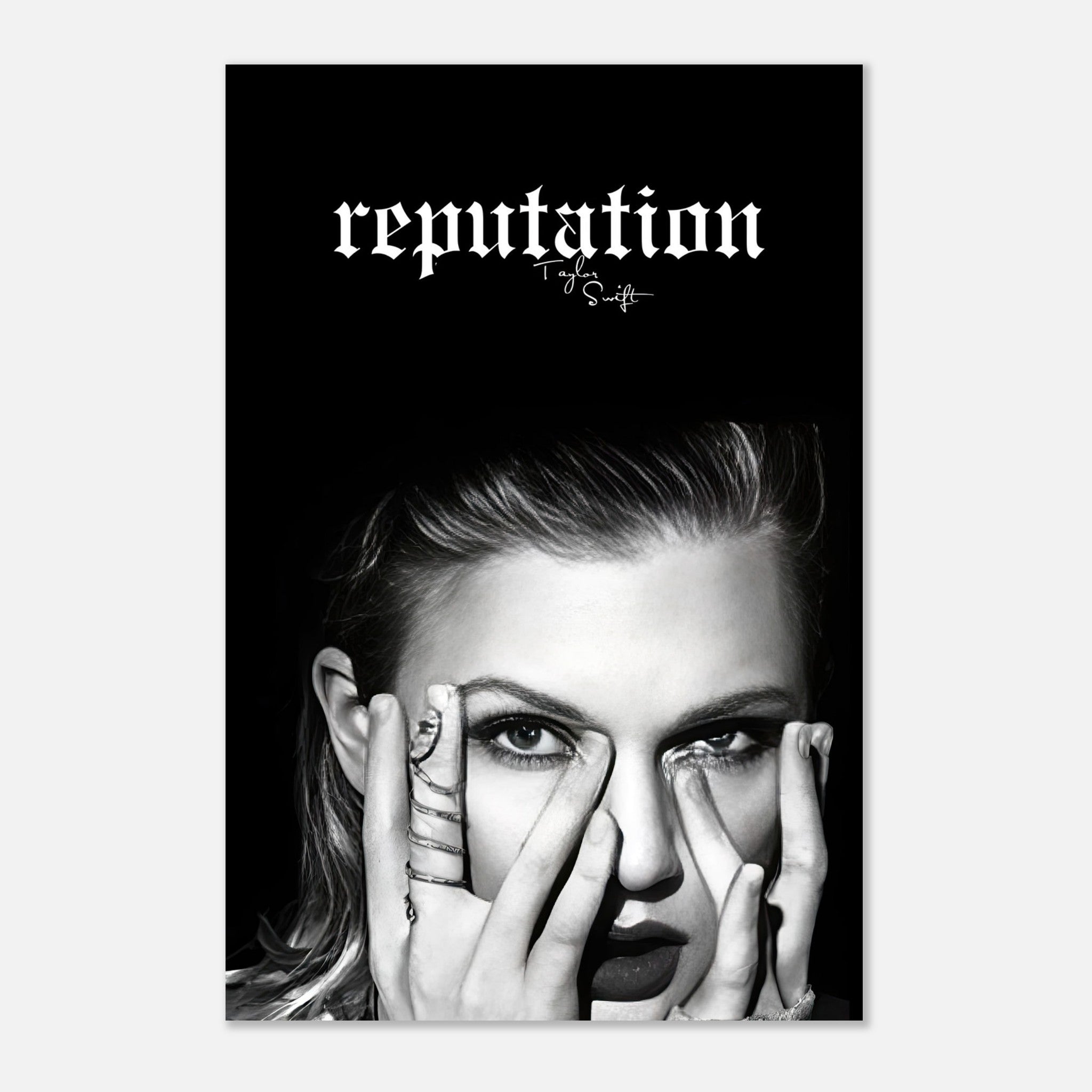 Taylor Swift Reputation metal print featuring bold black-and-white artwork and fierce expression for modern decor.