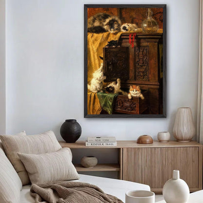 Vintage cat painting in a cozy living room, showcasing playful kittens on an ornate cabinet.
