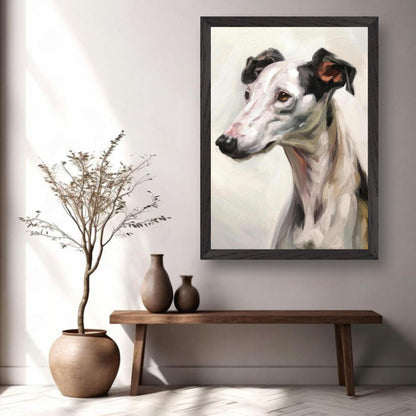 Vintage framed painting of a greyhound dog, showcasing its elegance and expressive details in a stylish interior.