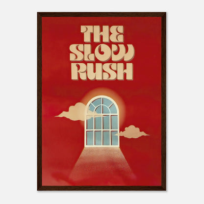 Framed print of "The Slow Rush" featuring retro typography and a dreamy window design on a vibrant red background.