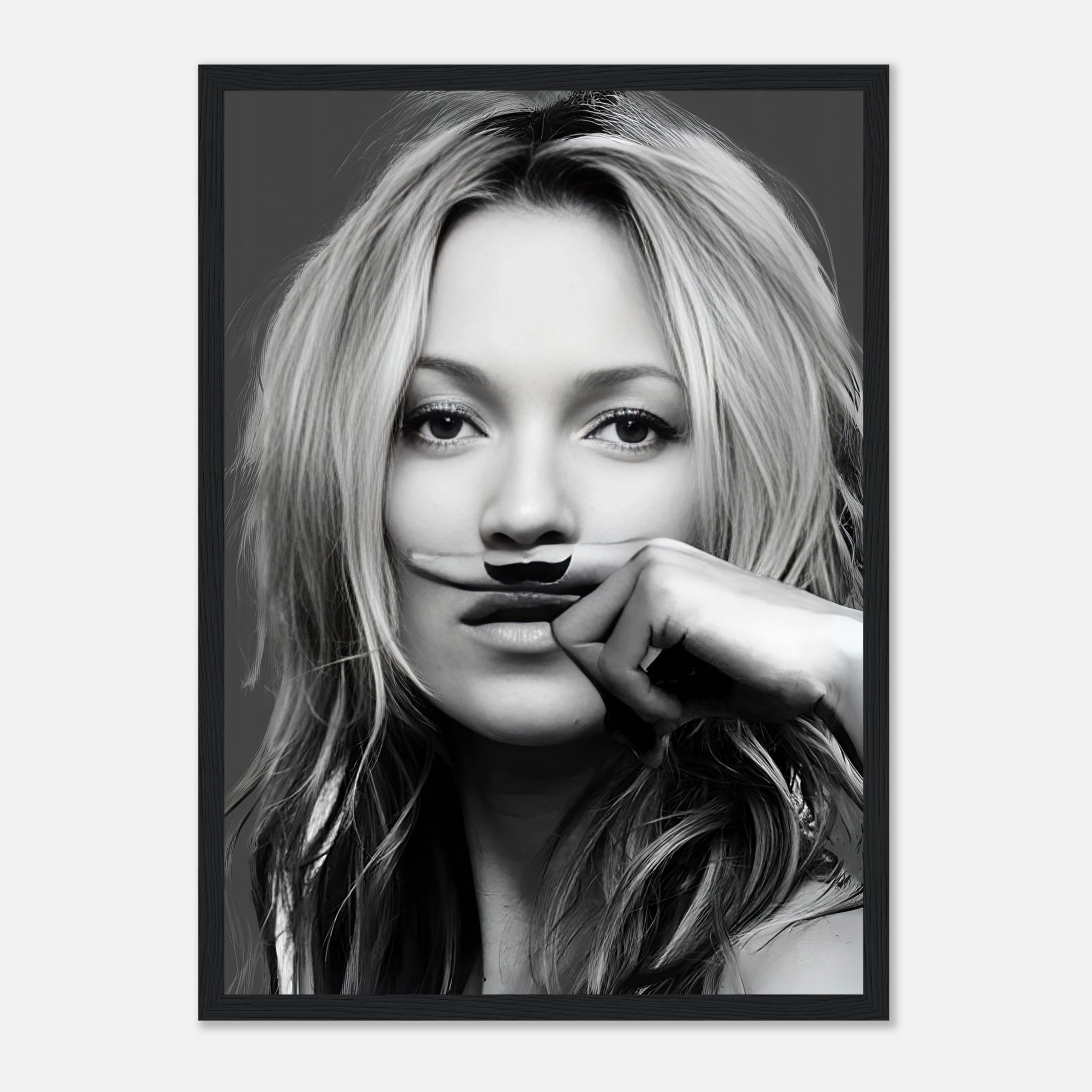 Black-and-white framed print of a stylish woman with a mustache, adding humor and elegance to any decor.