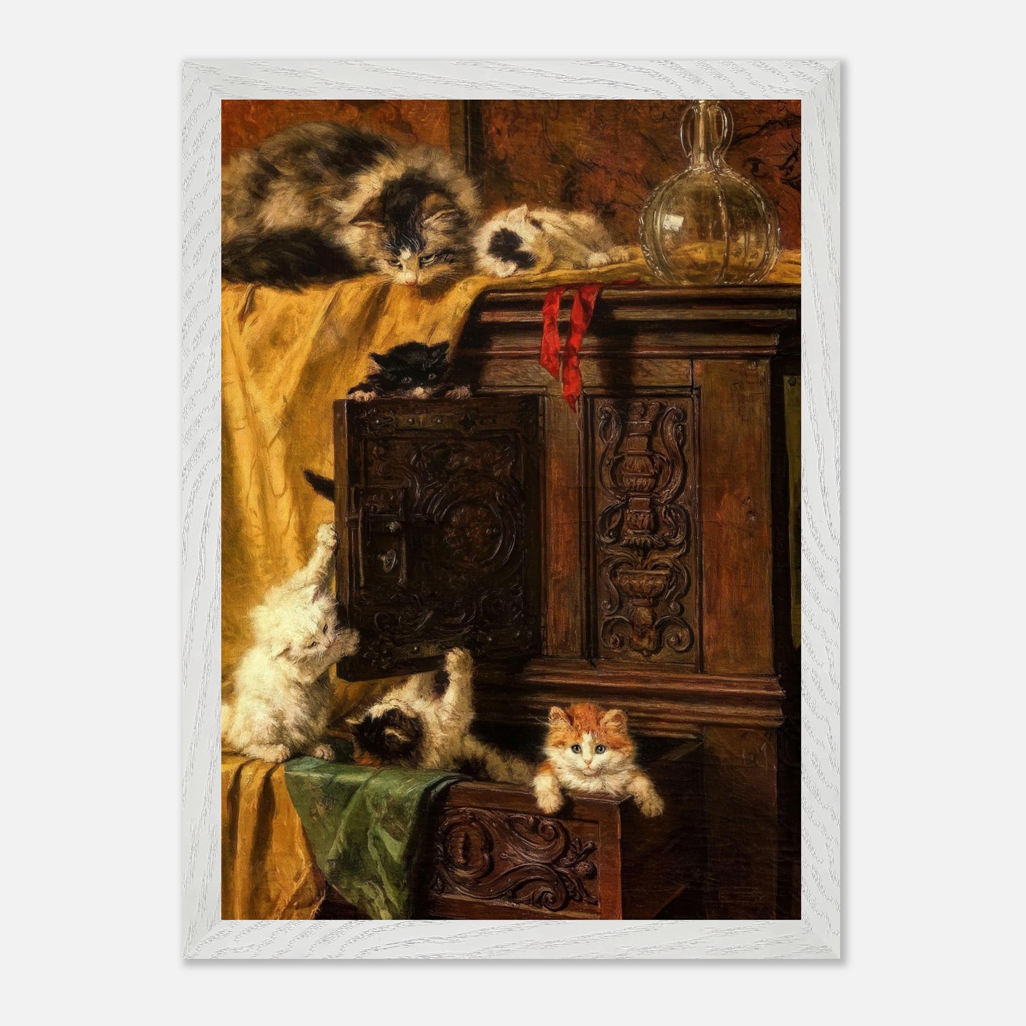 Vintage cat painting featuring playful kittens exploring an ornate wooden cabinet in warm tones.