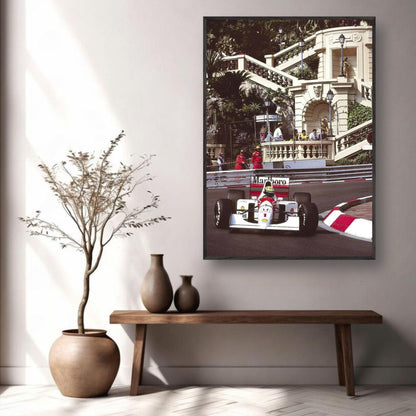 Ayrton Senna fine art print of McLaren racing at Monaco, framed for motorsport enthusiasts and collectors.