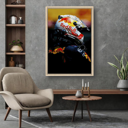 Framed canvas print featuring Max Verstappen in a Red Bull Racing helmet, enhancing home decor with Formula 1 flair.