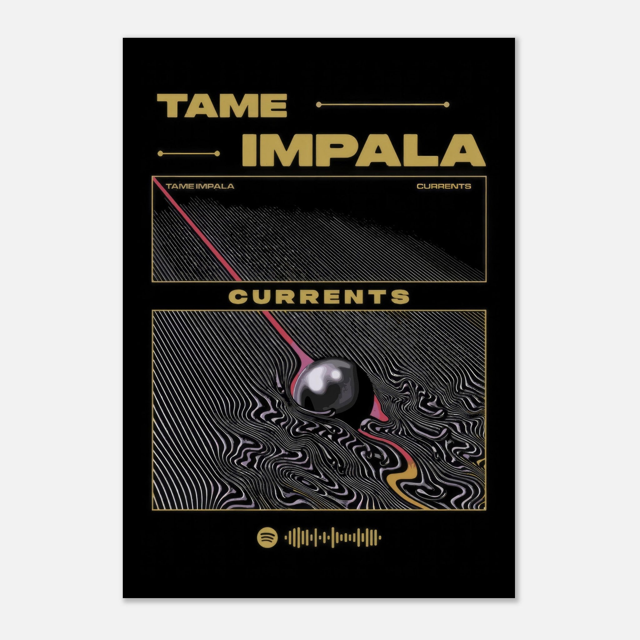 Tame Impala Currents metal poster featuring vibrant artwork on a sleek black background.